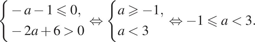 система выражений новая строка минус a минус 1 меньше или равно 0 , новая строка минус 2a плюс 6 больше 0 конец системы . равносильно система выражений новая строка a больше или равно минус 1 , новая строка a меньше 3 конец системы . равносильно минус 1 меньше или равно a меньше 3.