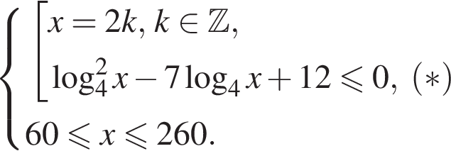  си­сте­ма вы­ра­же­ний со­во­куп­ность вы­ра­же­ний x=2k, k при­над­ле­жит Z , ло­га­рифм по ос­но­ва­нию 4 в квад­ра­те x минус 7 ло­га­рифм по ос­но­ва­нию 4 x плюс 12 мень­ше или равно 0, конец си­сте­мы . 60 мень­ше или равно x мень­ше или равно 260. конец со­во­куп­но­сти . левая круг­лая скоб­ка * пра­вая круг­лая скоб­ка 